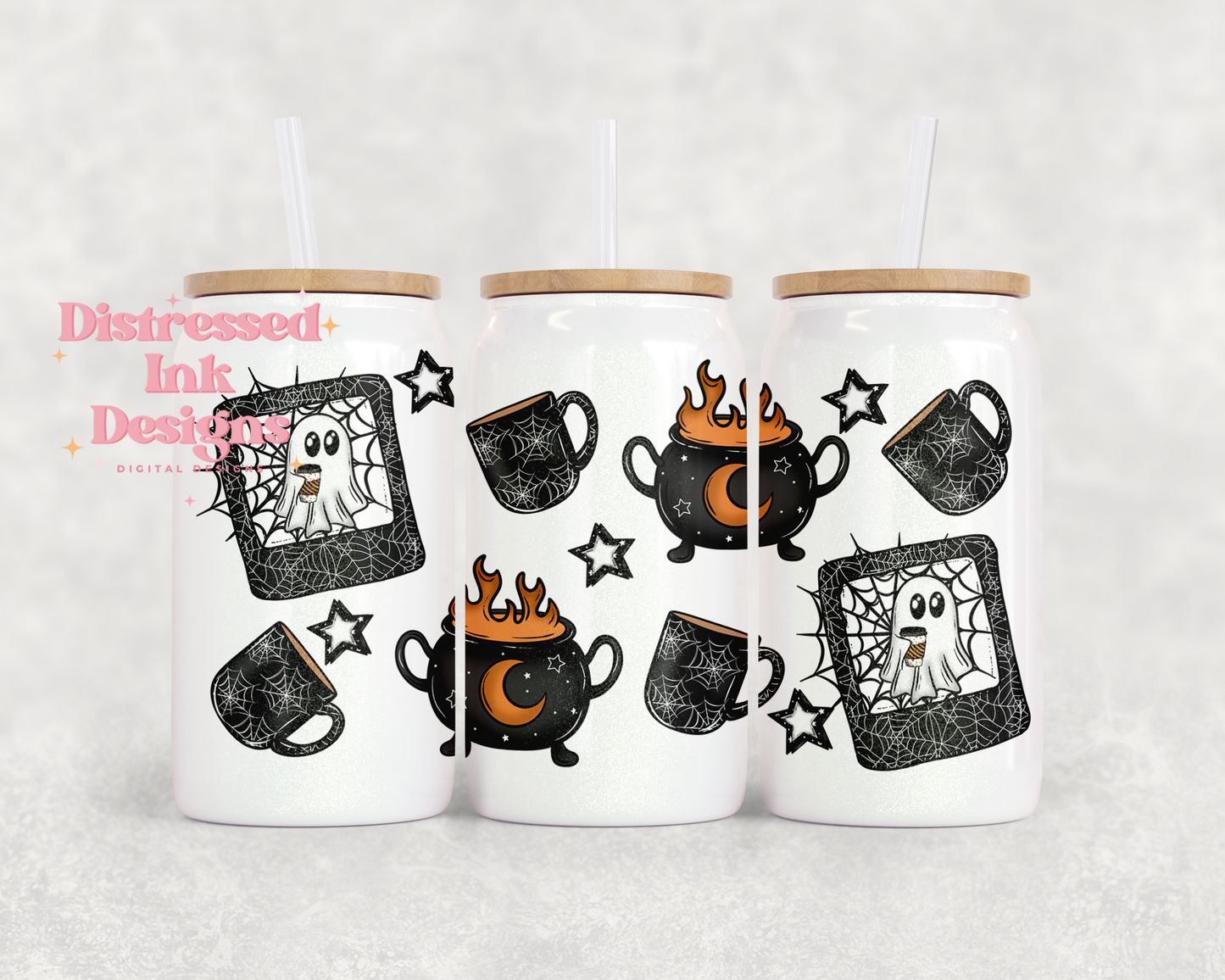 16oz Glass Can Tumbler spiderweb ghosties