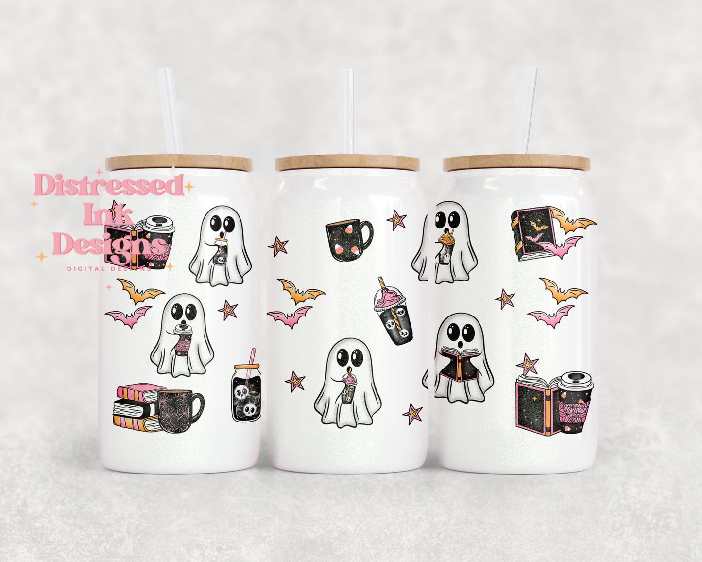 16oz Glass Can Tumbler book ghostie