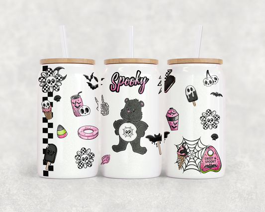 16oz Glass Can Tumbler PNG Halloween Care bears