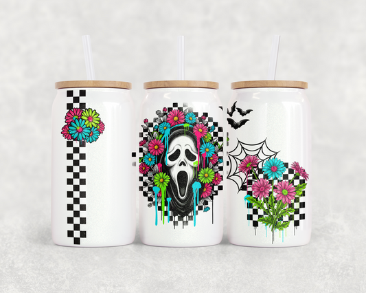 16oz Glass Can Tumbler PNG Floral Ghostface