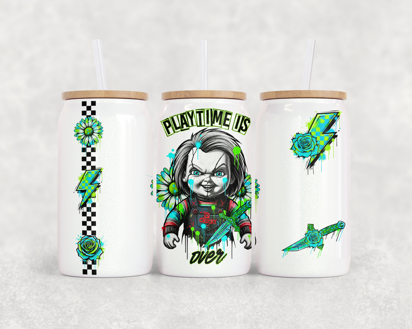 16oz Glass Can Tumbler PNG Retro Checker Chucky