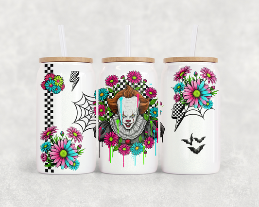 16oz Glass Can Tumbler PNG Floral Pennywise