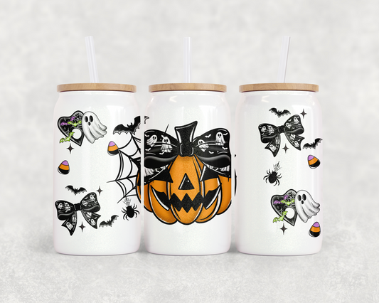 16oz Glass Can Tumbler PNG Bow Pumpkin