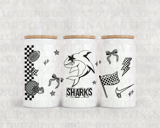 16oz Glass Can Tumbler PNG Mascot Sharks