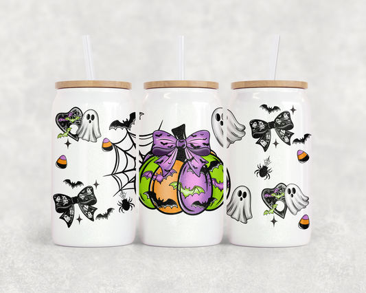 16oz Glass Can Tumbler PNG Bat Pumpkin